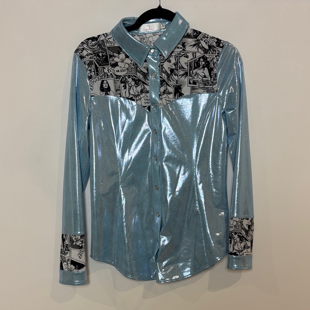 NWT Baby Blue Comic Book Pearl Snap Rodeo Shirt